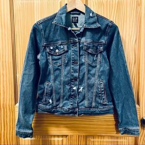 Gap Denim blue jean long sleeve crop distressed button up pockets jacket coat XS
